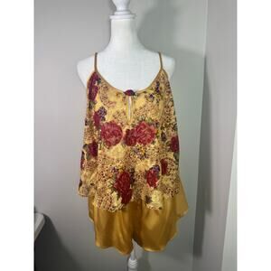 Vintage Inner Most Floral Yellow Red Pajama Lingerie Set Large